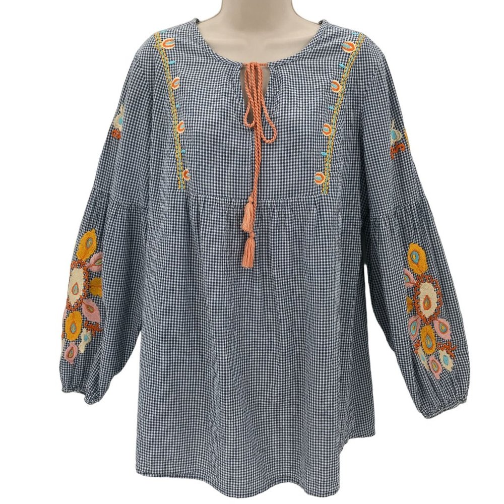 Chadwicks Womens Blue White Checked Embroidered Balloon Long Sleeve Tunic L - Picture 1 of 10